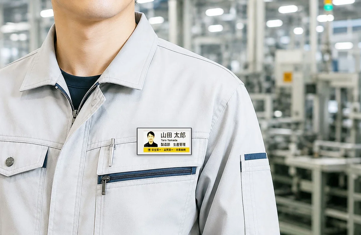 グレーの作業服の胸元に名札型の表示端末を付けた工場作業員