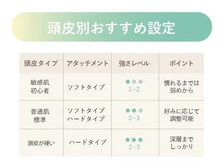ビューティーヘッドスパの頭皮タイプ別おすすめ設定表