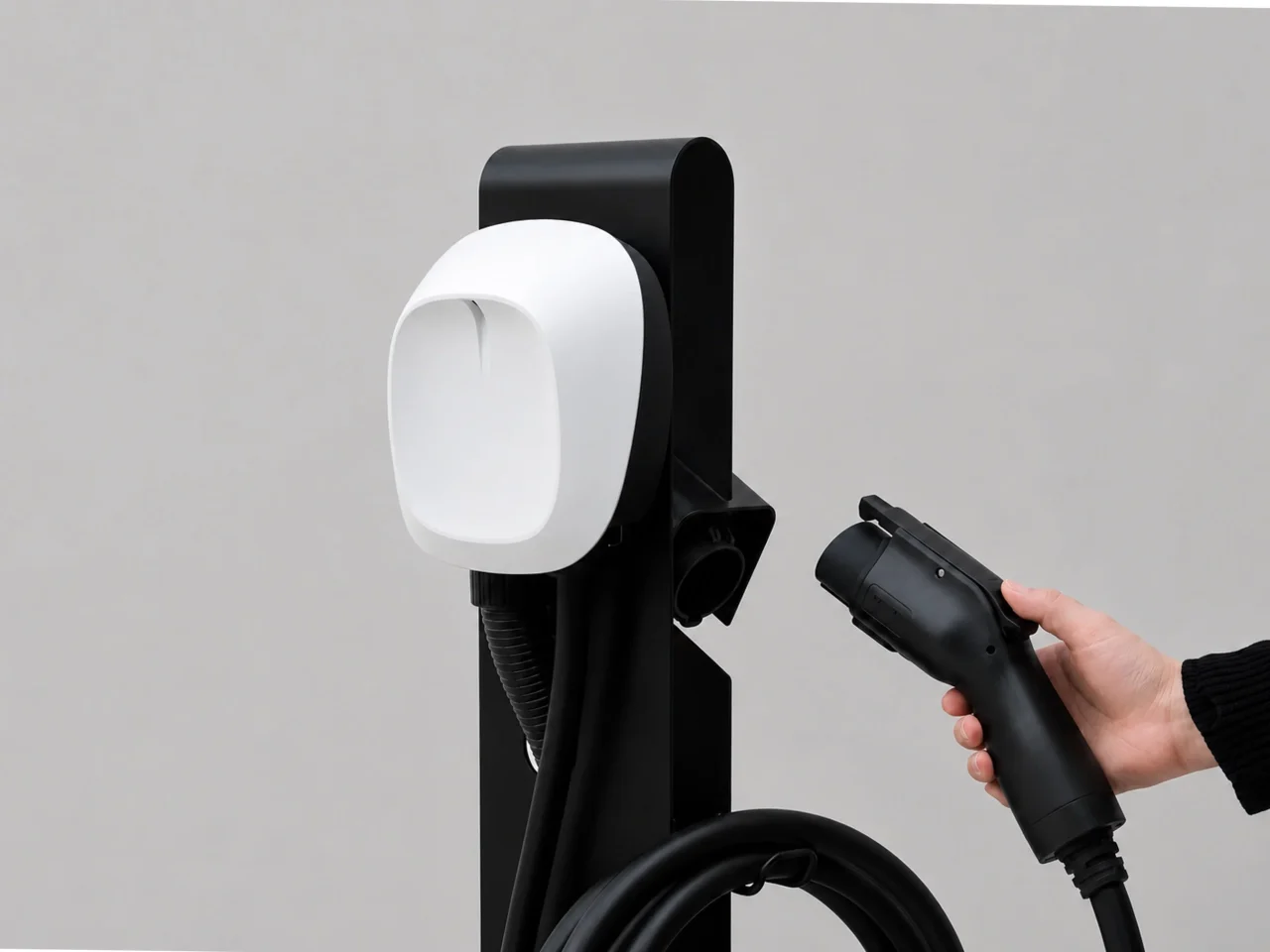 黒いポールに取り付けた白い丸みのあるmarutope ONEと充電コネクタを持つ手