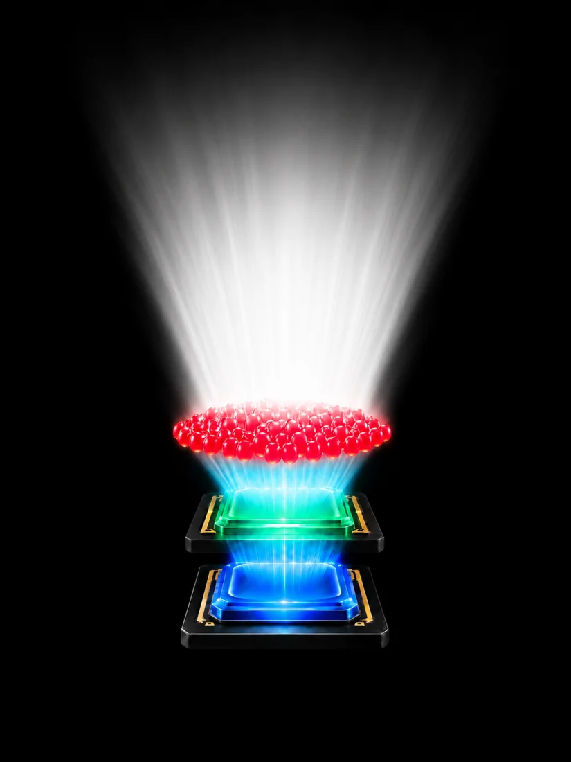 Mini RGB evoのイメージ。青・緑のチップ上で赤い粒が光を放つ構造