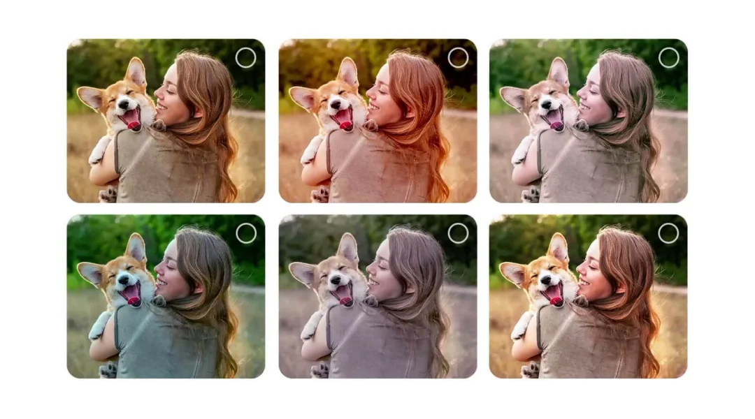 AIピクチャーウィザードの画質比較イメージ。犬を抱く女性の写真6パターン