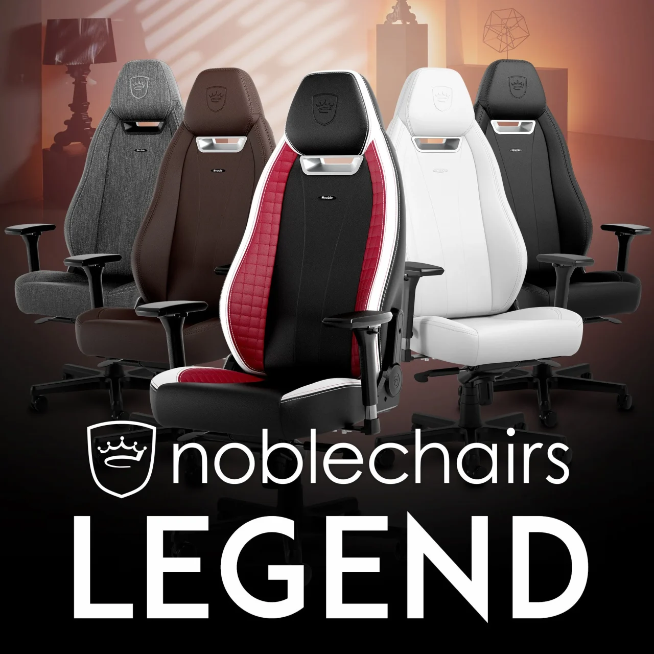 noblechairs LEGENDシリーズのデスクチェア5脚が並ぶ告知ビジュアル