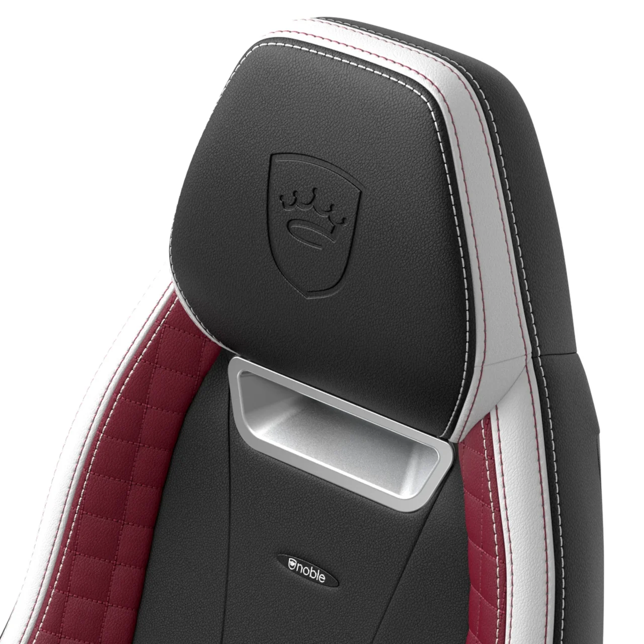 LEGENDの大型ヘッドレスト。黒レザーに白と赤のステッチが入る背もたれ