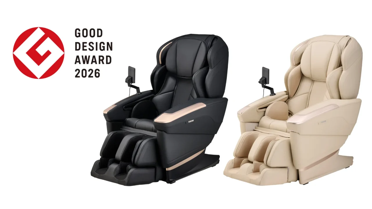 CYBER-RELAX マッサージチェア H24 AS-R2350のブラックとベージュ、グッドデザイン賞2026ロゴ