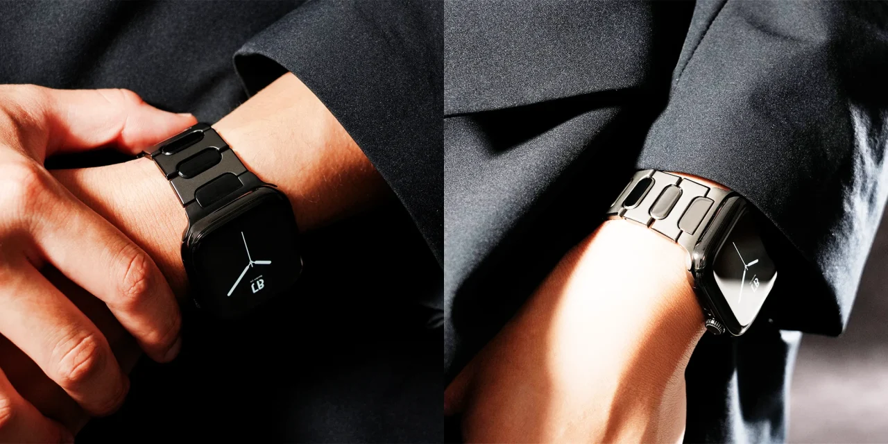 黒のメタルバンドBRIGHT - Blackを装着したApple Watchの着用イメージ
