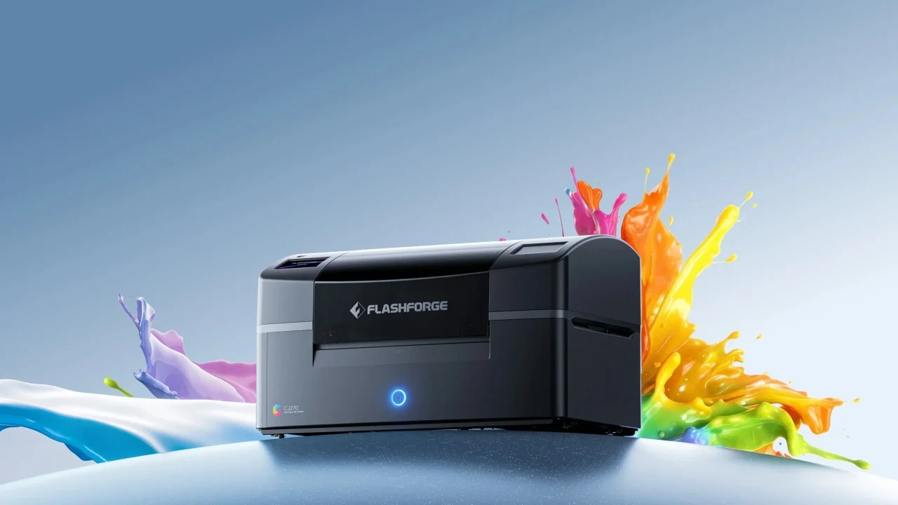Flashforge CJ270 フルカラー3Dプリンター本体とカラフルな液体のしぶき