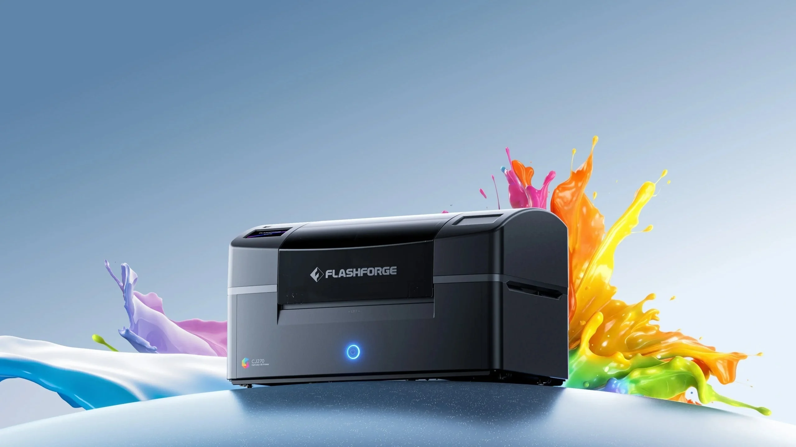 Flashforge CJ270 フルカラー3Dプリンター本体とカラフルな液体のしぶき