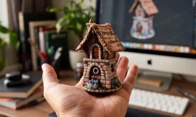 メーカー公開の建築模型の作例。手のひらに載る屋根と石壁の小さな家