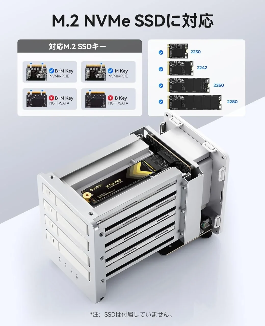 M.2 NVMe SSDに対応するオールフラッシュSSDケースと対応キー・サイズ図