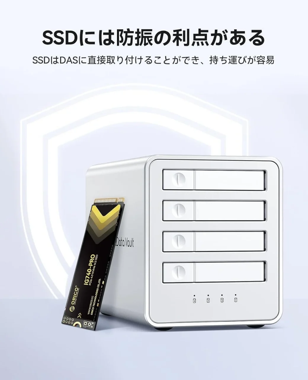 4ベイのData Vault型ストレージ本体の横にORICOのM.2 SSDを置いた図