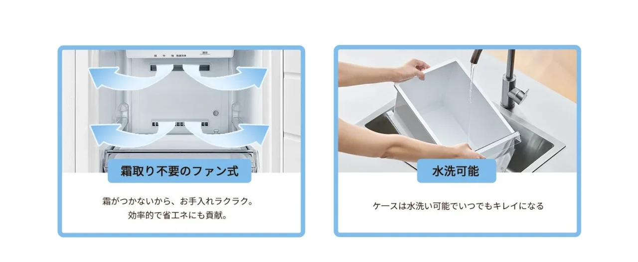 ファン式自動霜取り機能の冷気循環と、水洗い可能なケースの様子