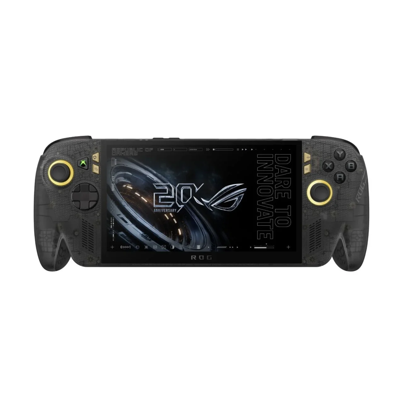 ROG XBOX Ally X20（オフブラック）の正面。20周年表示の画面と黄色いスティック