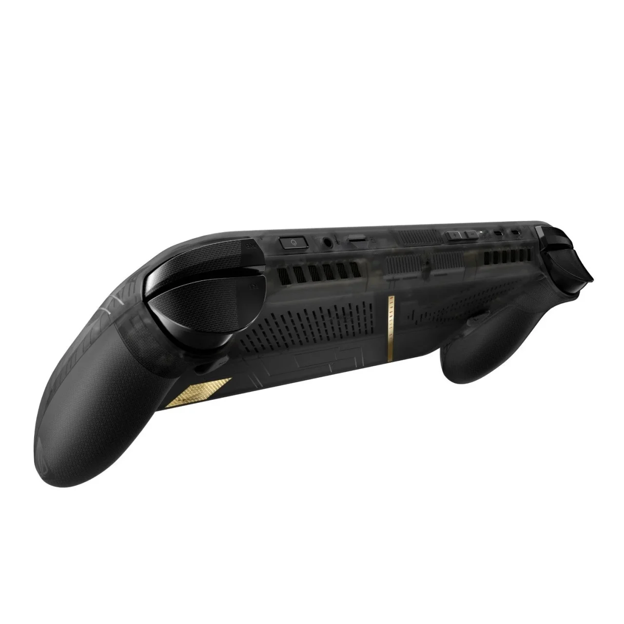 ROG XBOX Ally X20（オフブラック）の上面側を斜めから見た半透明の黒い本体