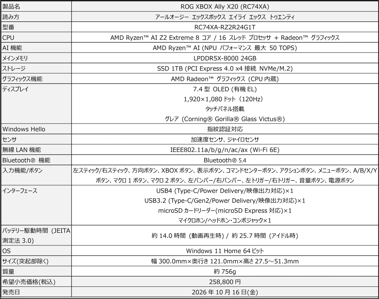 ROG XBOX Ally X20の製品仕様表。価格258,800円、発売日2026年10月16日