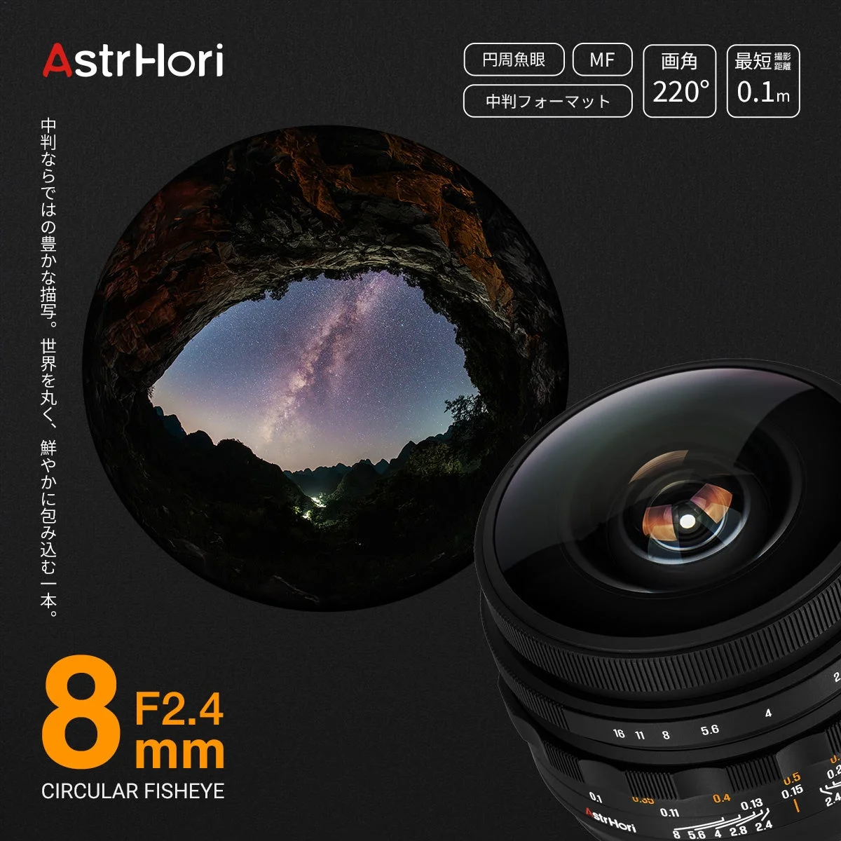 AstrHori 8mm F2.4 CIRCULAR FISHEYE の告知ビジュアル。円周魚眼の星空写真とレンズ