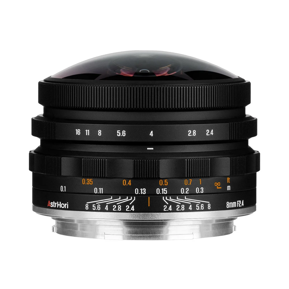 AstrHori 8mm F2.4 CIRCULAR FISHEYE 黒い鏡筒に距離・絞り目盛の円周魚眼レンズ