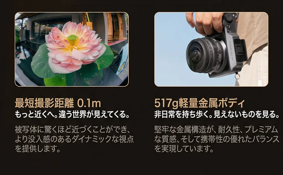 AstrHori 8mm F2.4 CIRCULAR FISHEYEの近接撮影例と本体を持つ様子