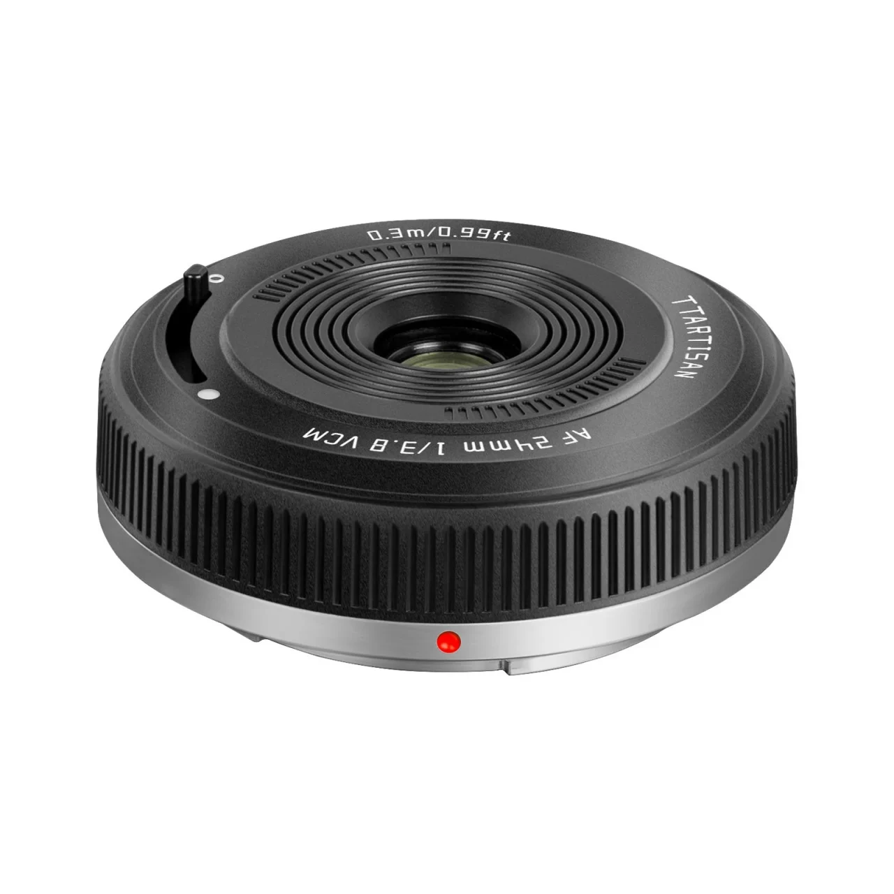 TTArtisan mini AF 24mm f/3.8 の黒い薄型パンケーキレンズ