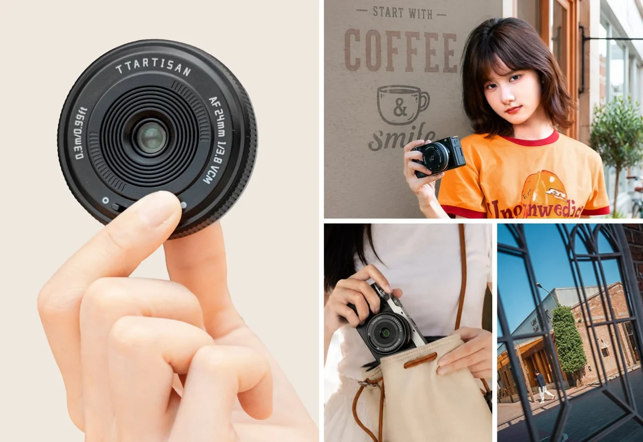 TTArtisan mini AF 24mm f/3.8を指で持つ様子と、カメラを持つ女性の撮影シーン