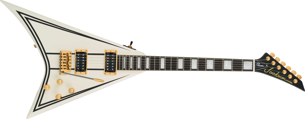 Limited Edition Legend Series Randy Rhoads CD1。白いV型ボディに黒ライン、金色パーツ