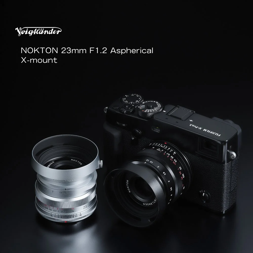 NOKTON 23mm F1.2 Aspherical X-mountのシルバーとブラックのレンズ