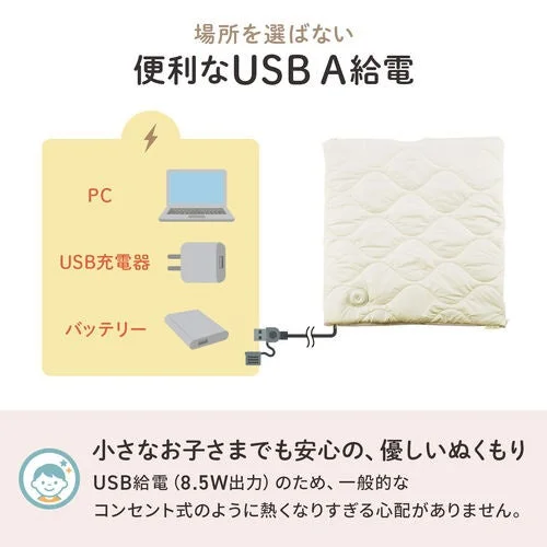 USB A給電の説明図。PC・USB充電器・バッテリーとキルト生地の本体