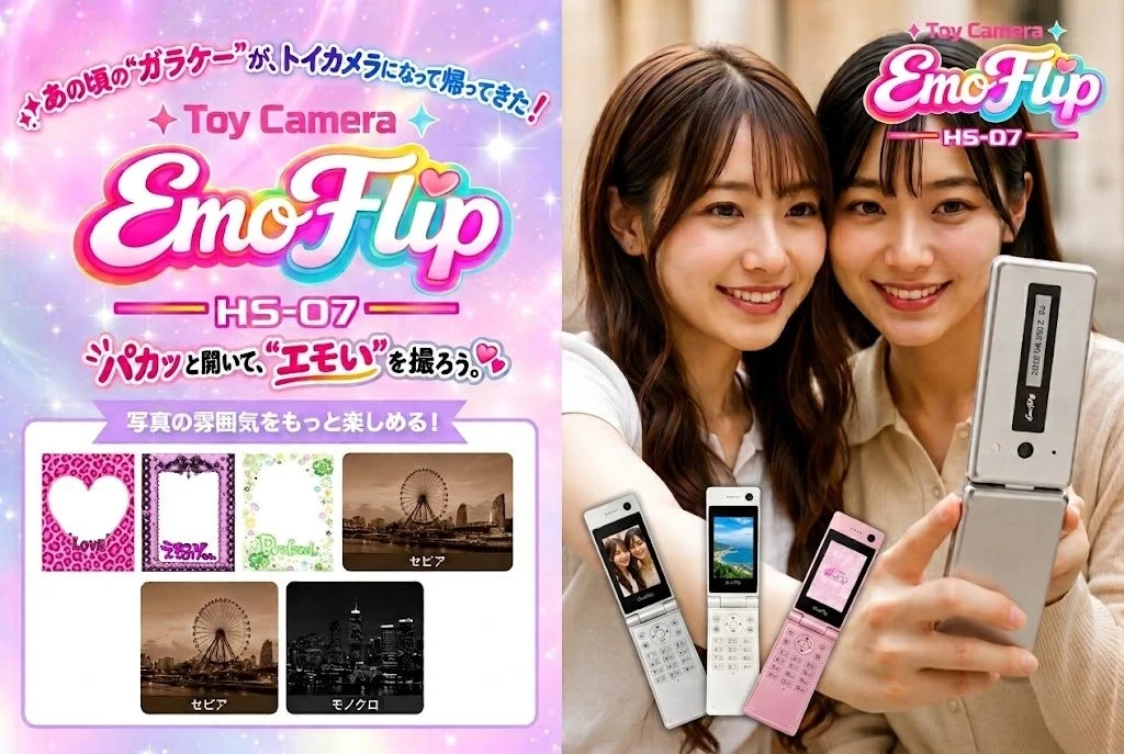 Toy Camera EmoFlip HS-07の告知。フォトフレーム例と、携帯型カメラを持つ二人の女性