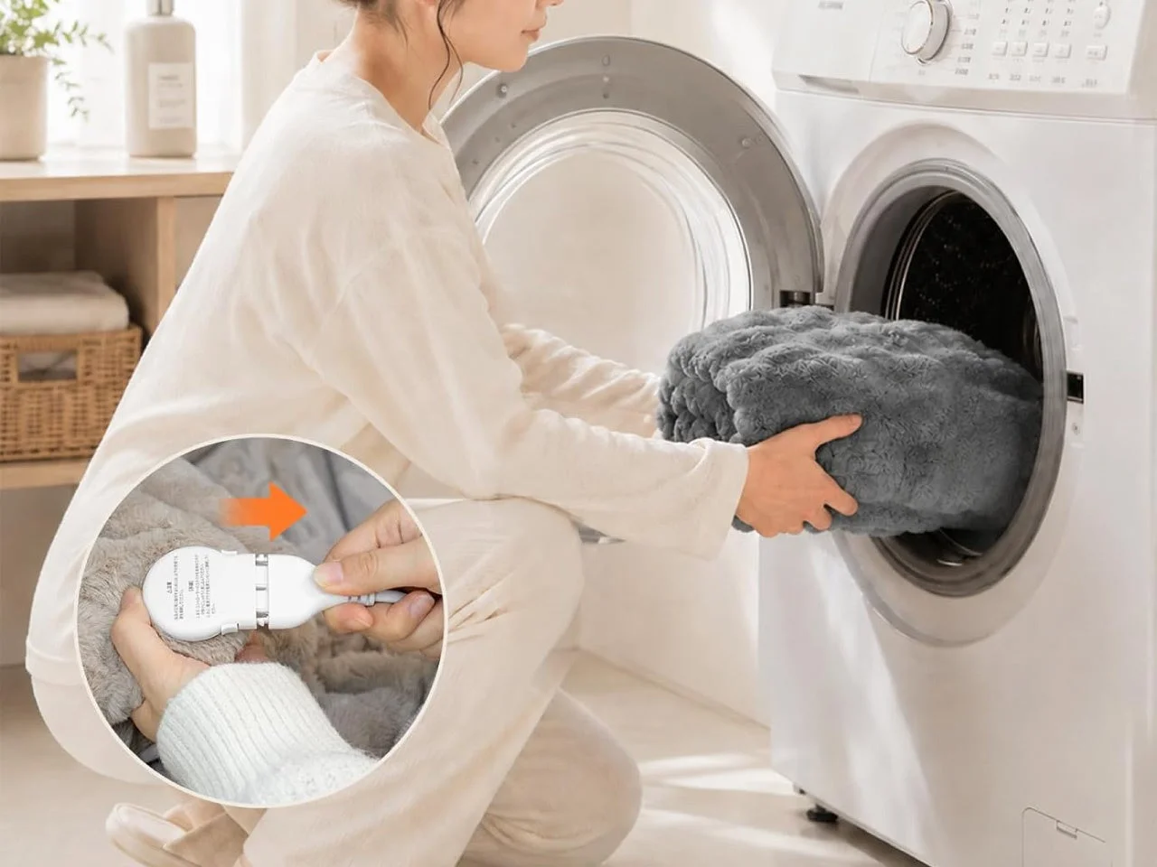 Naps電気毛布をドラム式洗濯機に入れる女性。コードを外して洗濯できる