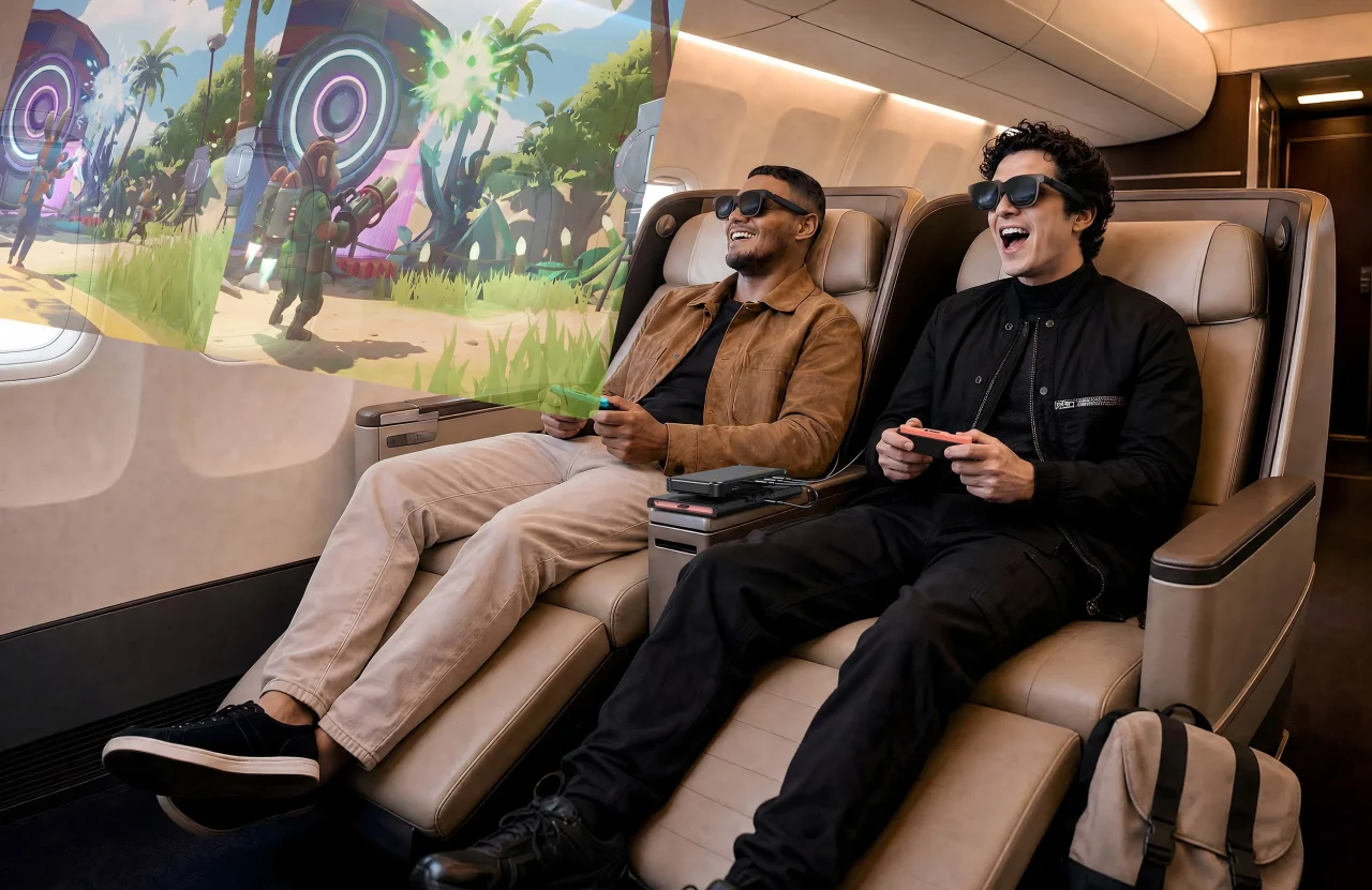 飛行機のような座席で2人がXRグラスを着け、同じゲーム画面を見て遊ぶ様子
