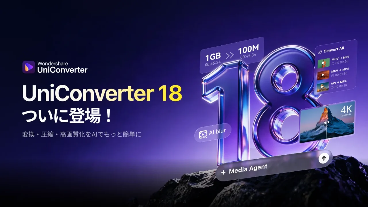 UniConverter 18 ついに登場のキービジュアル。立体的な18の数字と変換画面