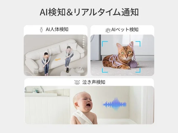 AIによる人物・ペット検知と泣き声検知を示す、ソファの人物、猫、泣く赤ちゃんの図