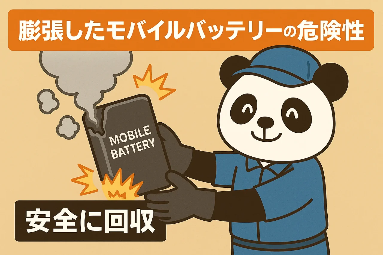 膨張したモバイルバッテリーから煙が出る様子を持つ作業着のパンダのイラスト