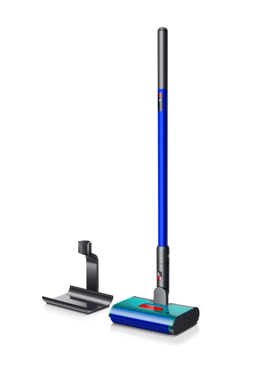 Dyson W1 PencilWash+Dok™の本体と充電スタンド。青い細身のスティックと緑青のローラーヘッド