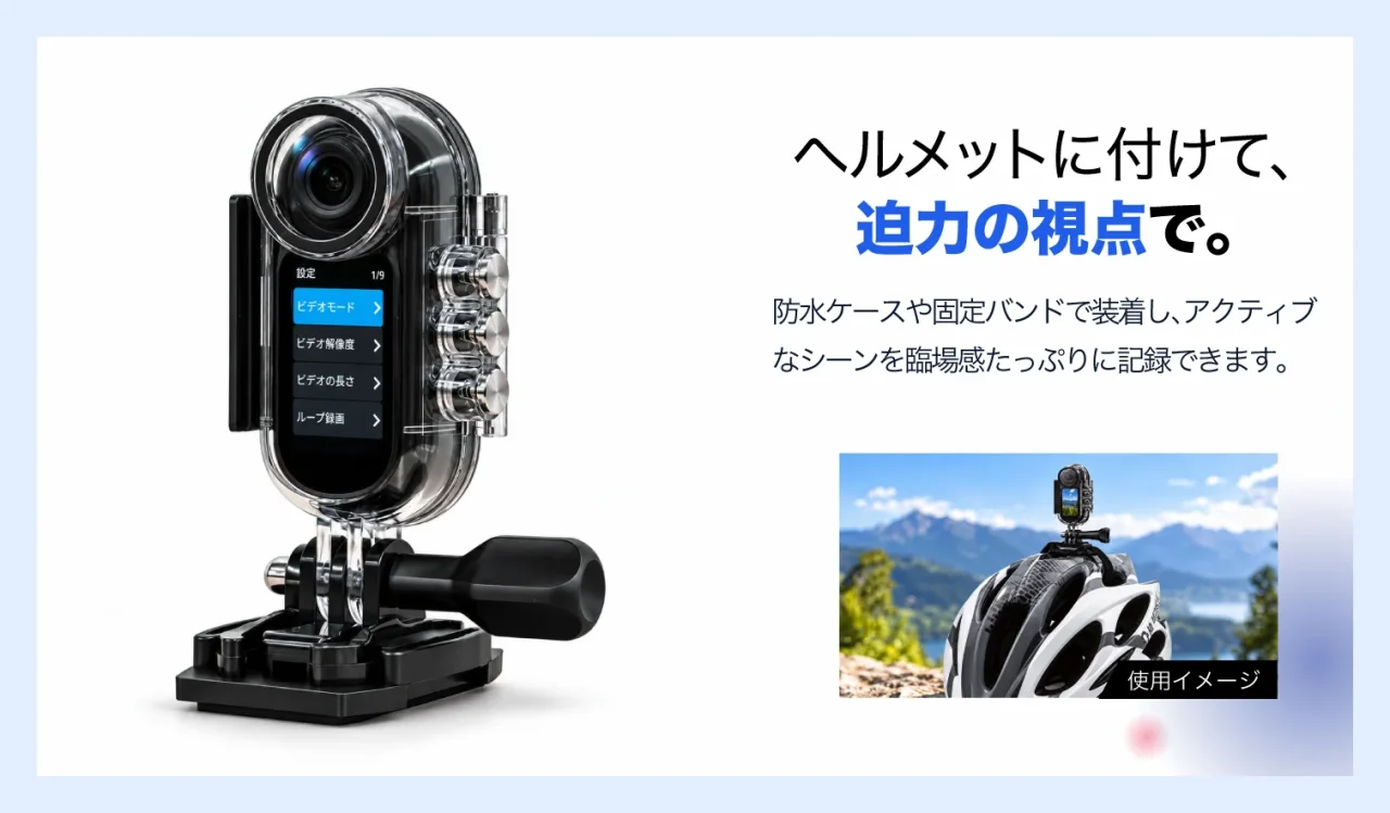 防水ケースに入れたカメラを固定バンドでヘルメットに装着した例
