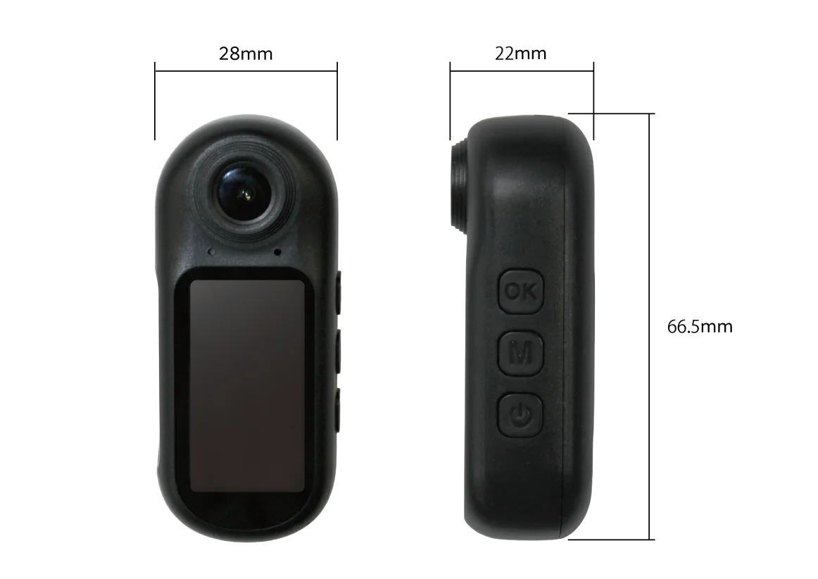 本体サイズを示す黒い小型カメラの正面と側面（幅28mm・奥行22mm・高さ66.5mm）