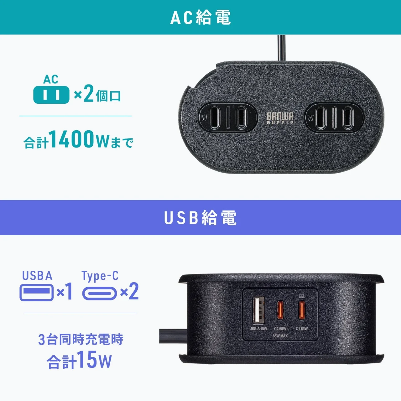 AC2個口とUSB A・Type-C×2を備えた黒い電源タップの給電仕様