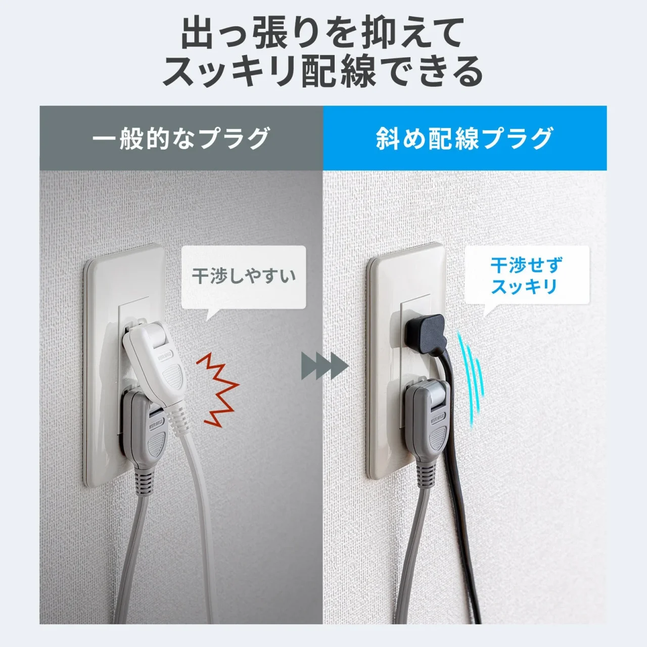 薄型斜めタイプのL字プラグと一般的なプラグの配線比較