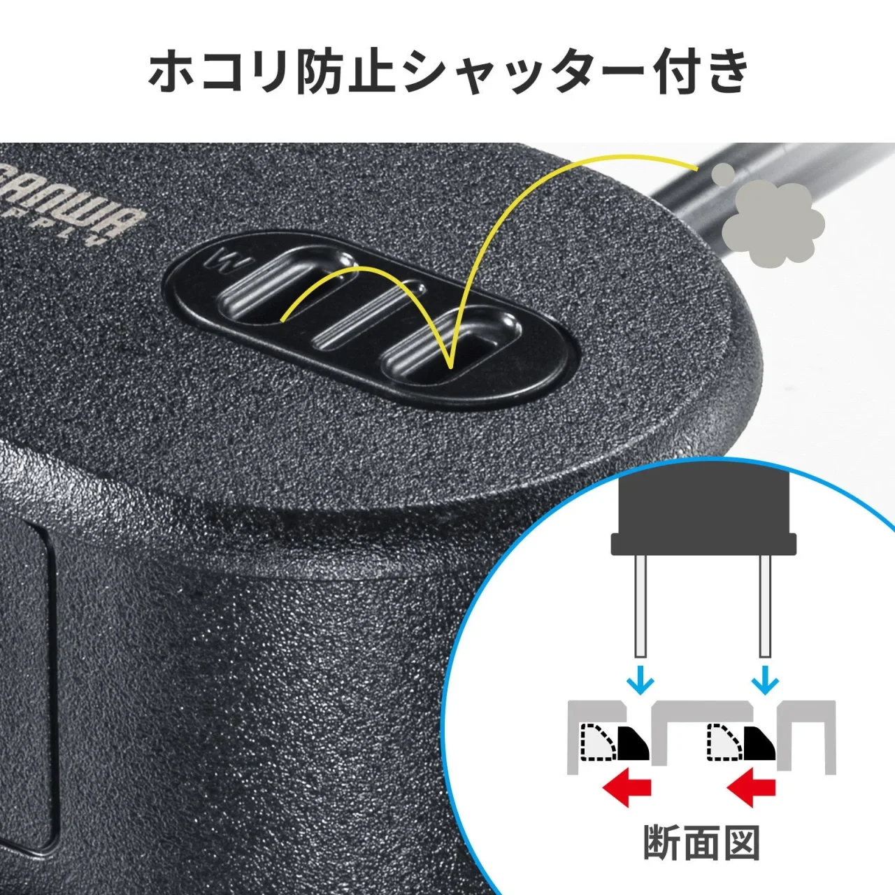 ホコリ防止シャッター付きのAC差込口と断面図