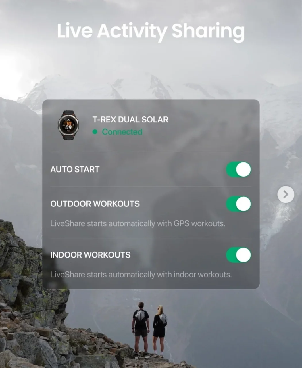 Amazfit T-Rex Dual SolarのLive Activity Sharing設定画面