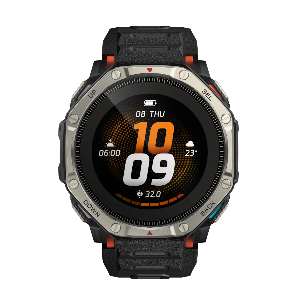 Amazfit T-Rex Dual Solarの正面。黒いバンドにチタン調ベゼル、時刻表示