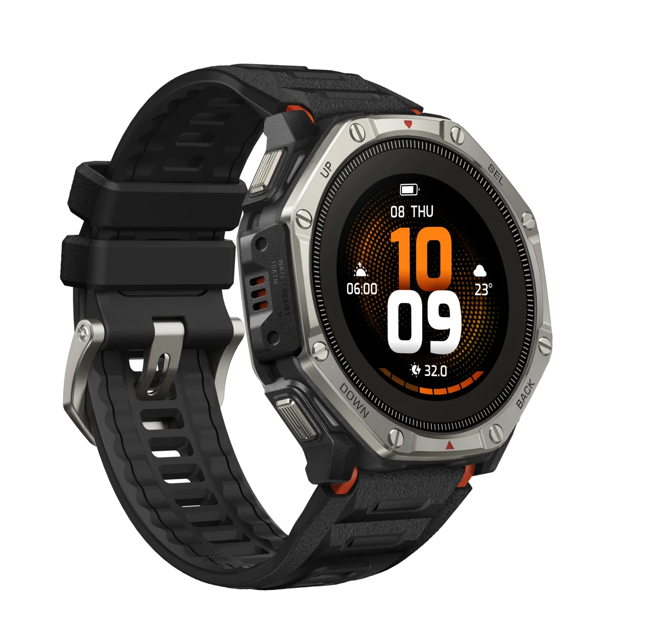 Amazfit T-Rex Dual Solar 斜め前から見た黒バンドのスマートウォッチ