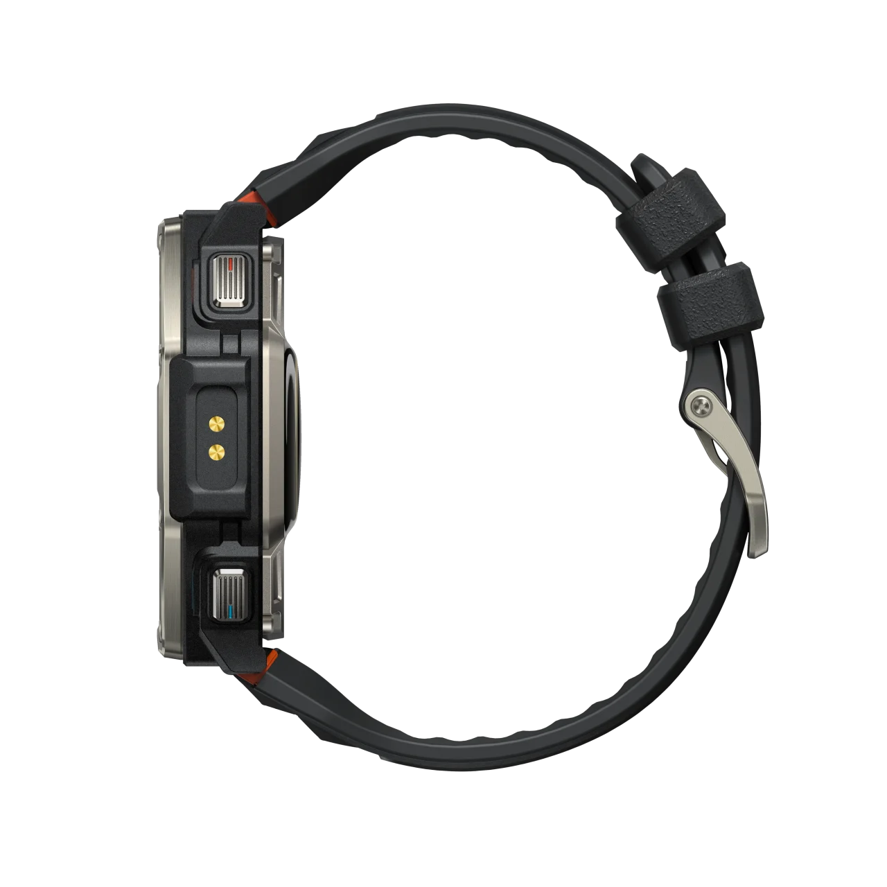 Amazfit T-Rex Dual Solarを横から見た、充電端子とボタンのある黒いバンドの時計