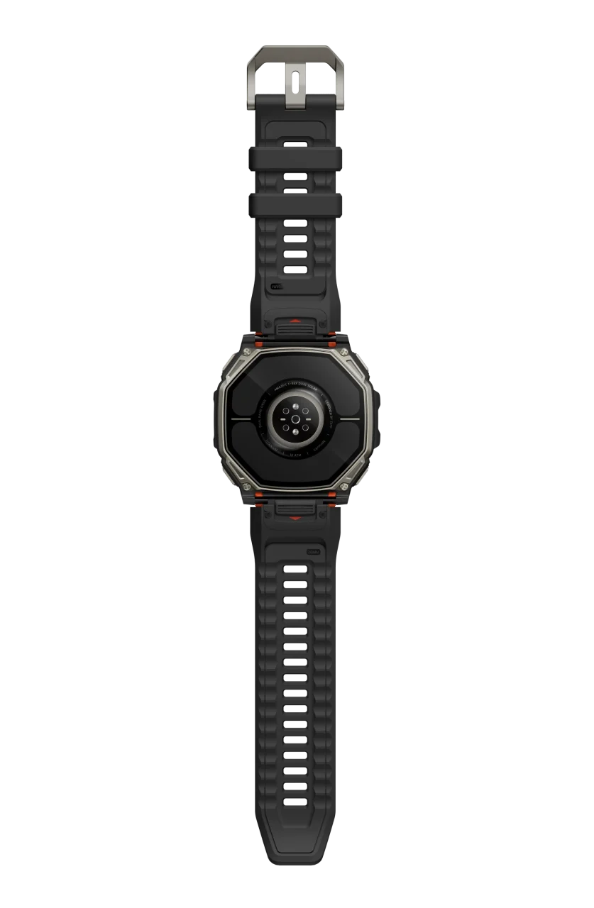 Amazfit T-Rex Dual Solar 背面と黒いバンドを示す俯瞰画像
