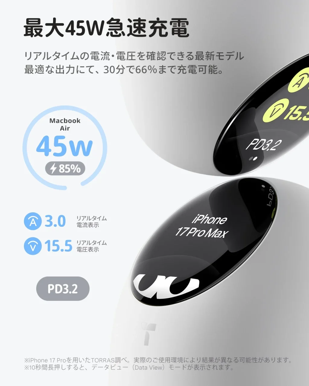 FlashEye Dotの最大45W急速充電と電流・電圧表示の画面