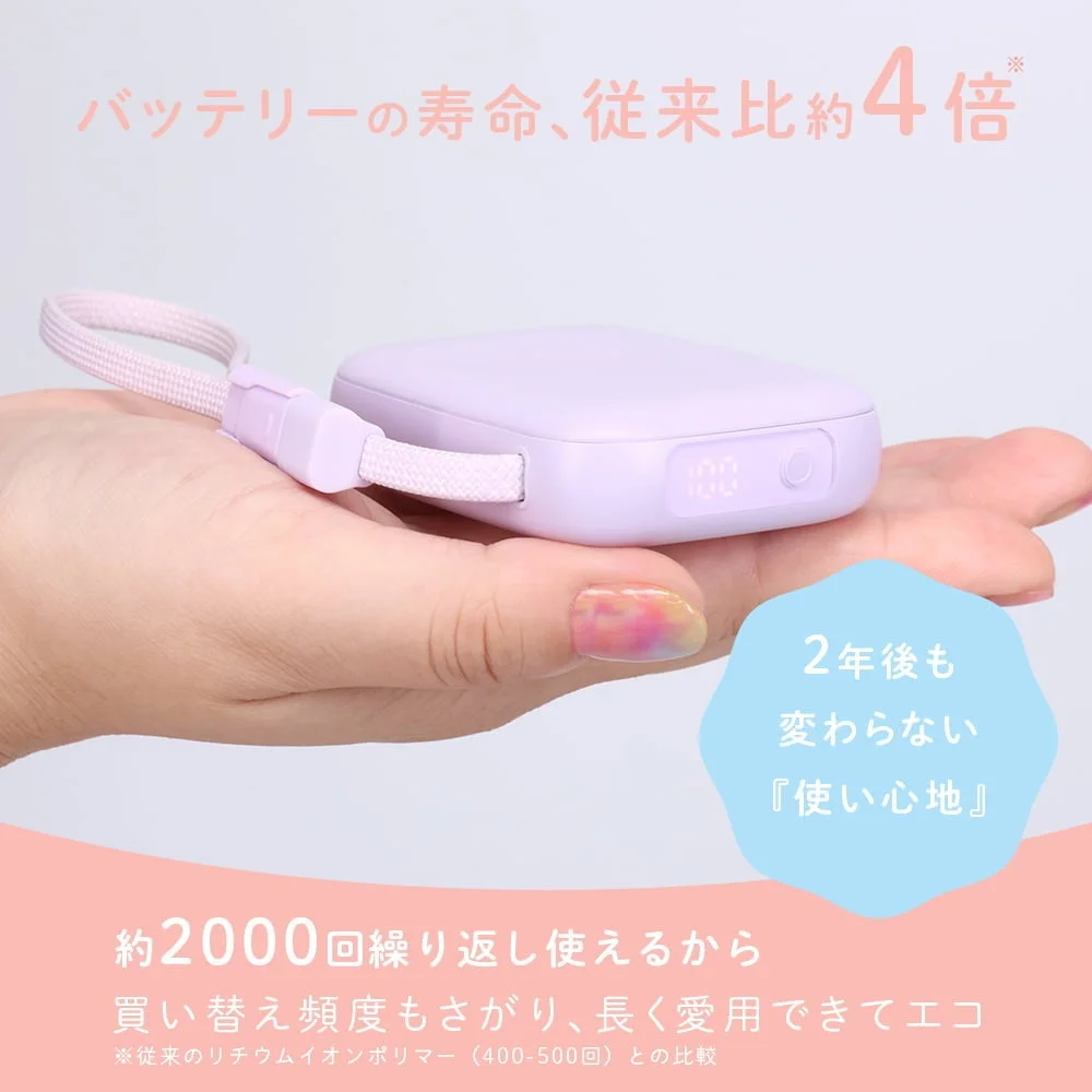 手のひらに載せた薄紫のストラップ付き準固体モバイルバッテリー