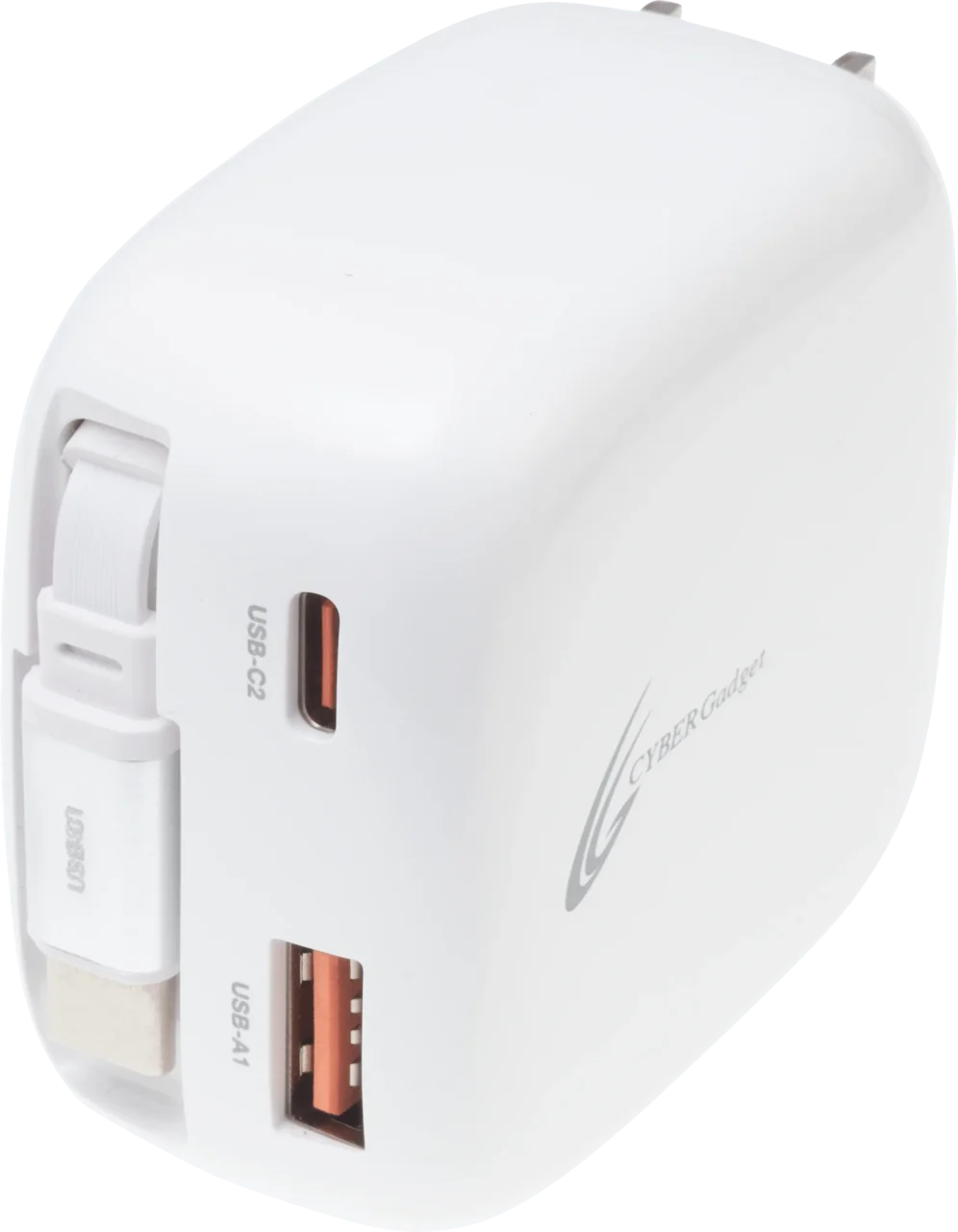 CYBER・65W Type-C巻取ケーブル内蔵 急速充電器（Switch2用）の白い本体