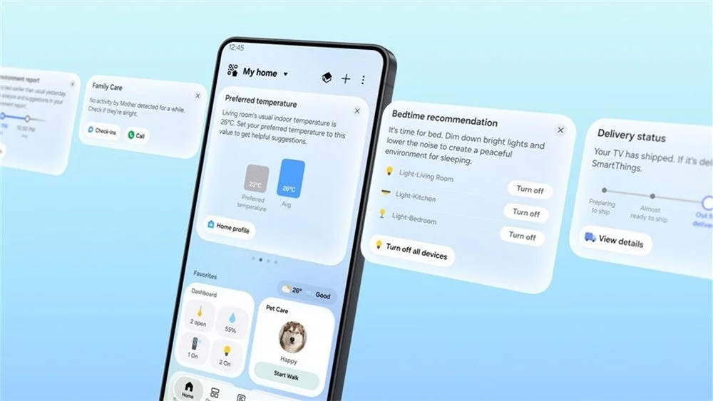 SmartThings Nowのカードを表示したスマートフォンのホームタブ画面