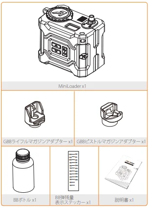 MiniLoader本体、GBBマガジンアダプター2種、BBボトル、ステッカー、説明書の付属品一覧