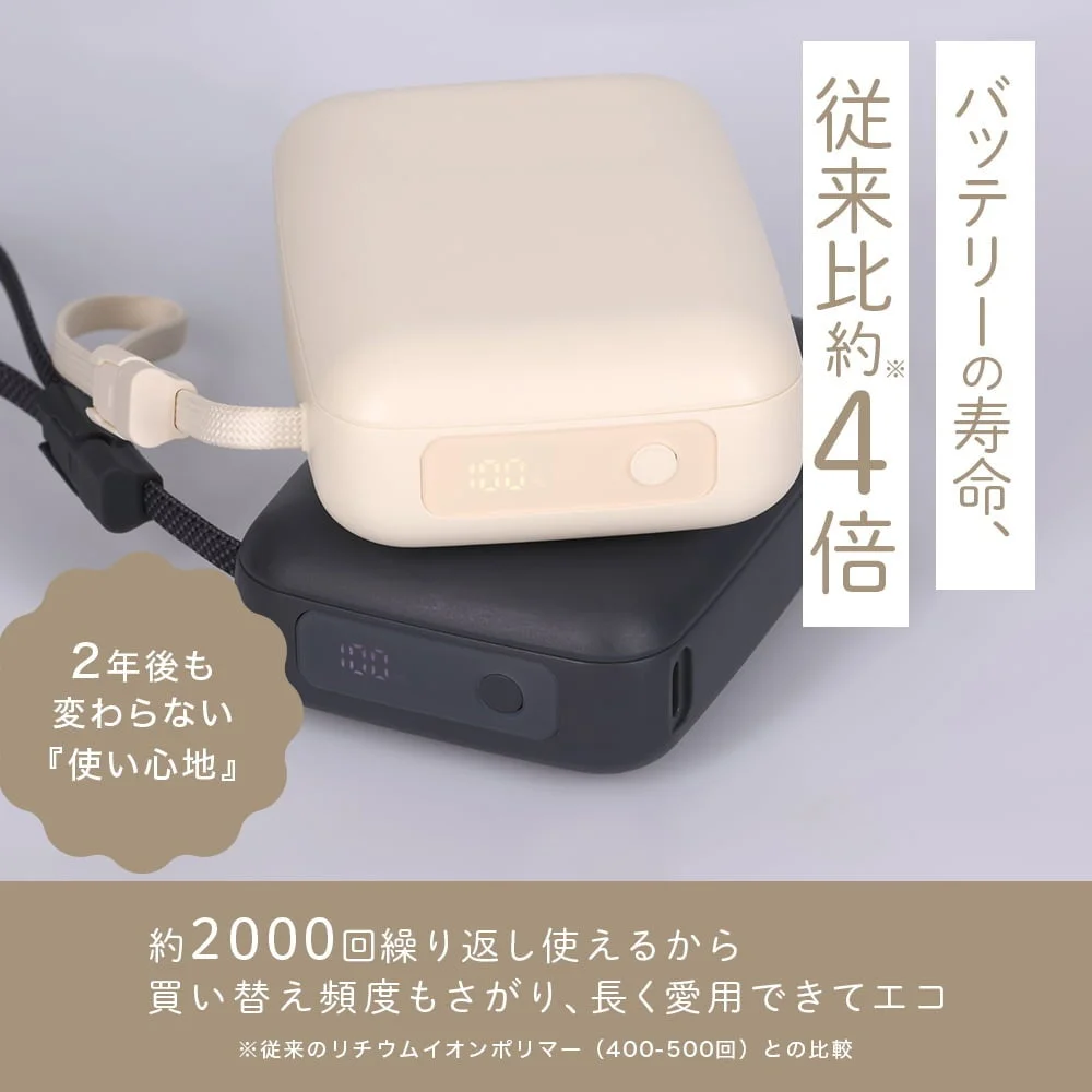 準固体モバイルバッテリー、約4倍の長寿命を示すベージュと黒の2台