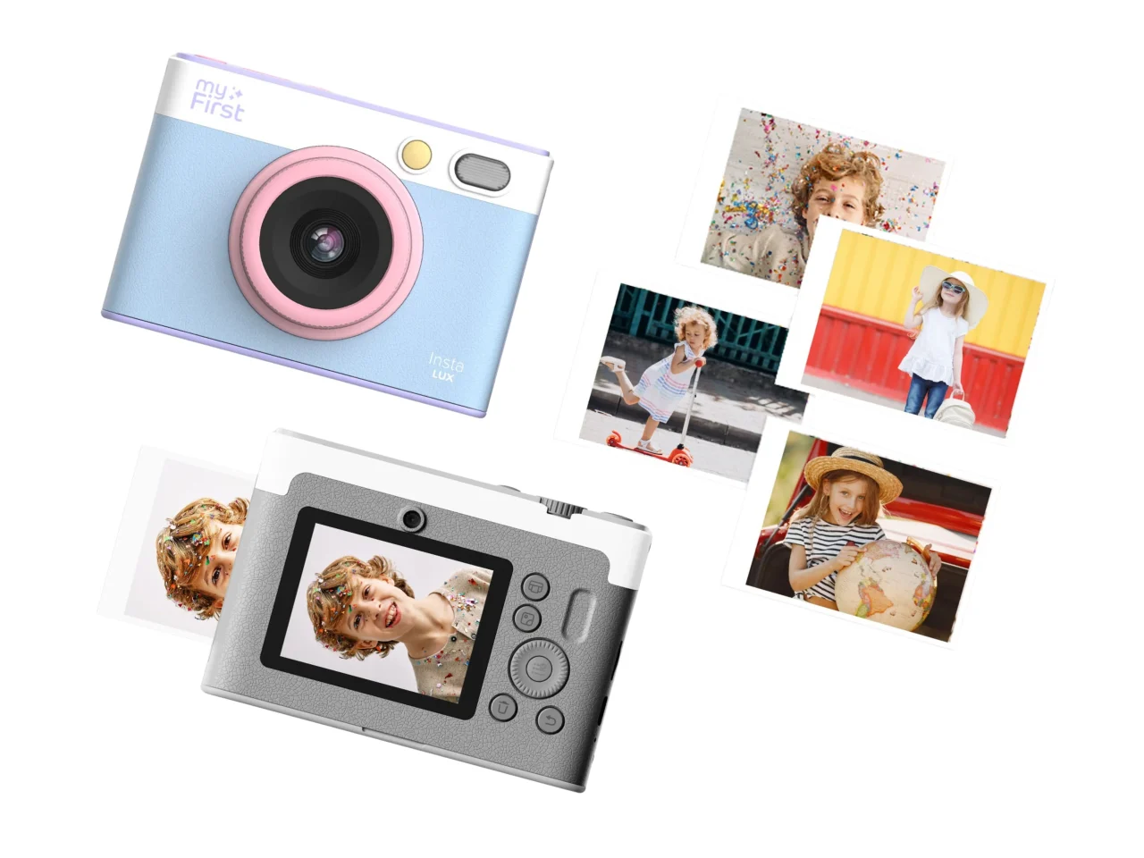 myFirst Insta Luxのブルーとグレーのカメラと子どものプリント写真